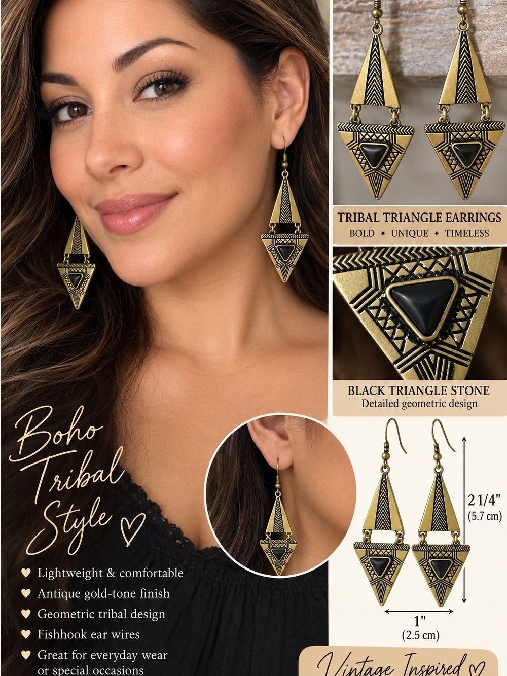 Boho Tribal Triangle Earrings - Antique Gold with Black Stone